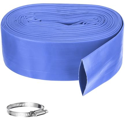 Rebower Pool Backwash Hose, 3 Inch x 50ft Reinforced Drain Hose PVC Lay Flat Water Discharge Pump Hoses for Pool Filter Swimming Pump, with 1pcs Clamps, Blue