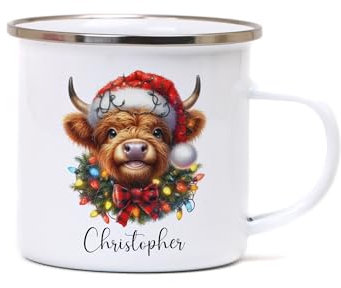 Personalised Christmas Highland Cow Enamel Mug – Custom Name Camping Cup – Cute Festive Cow Design – Ideal Christmas Gift for Friends and Family
