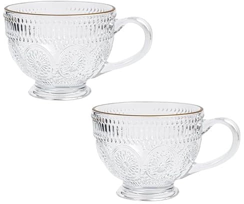 FUENYEJIA Vintage Glass Coffee Mug,13.5 OZ Embossed Tea Cup Vintage Glassware for Breakfast, Ideal for Milk, Coffee, Cappuccino, Latte, Cereal, Yogurt (2)
