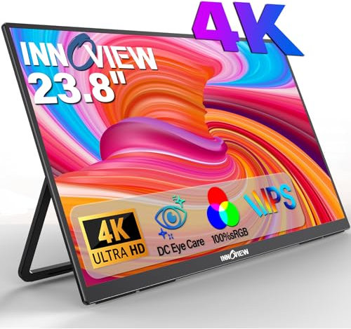 InnoView Monitor portatile Innoview 23,8 4K, Uhd (3840 x 2160) 100% Srgb Ips Usb-C Hdmi Altoparlanti Lavoro Casa Secondo Monitor con Supporto Regolabile a 180° per Laptop, Desktop, Macbook, Telefono