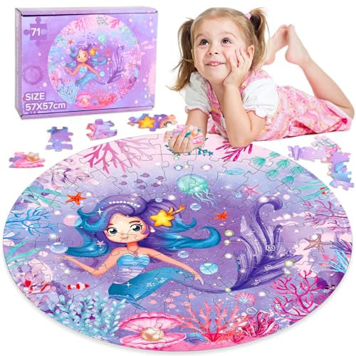 Kinder Puzzle ab 3 4 5 6 7 8 Jahre, 71 Teile Riesen Bodenpuzzle, Meerjungfrau Rundes Jigsaw Puzzle für Kinder, Meerjungfrau Rundpuzzle ab 3-8 Jahre, Spielzeug Geschenk für Jungen Mädchen