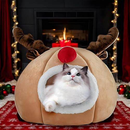 Erconsso Haustierbett Weihnachten Geschlossenes Katzenbett Katzenhöhle Bett Zelthaus mit Kissen, PP-Baumwolle, 35 x 35 x 40 cm, Katze, Unisex
