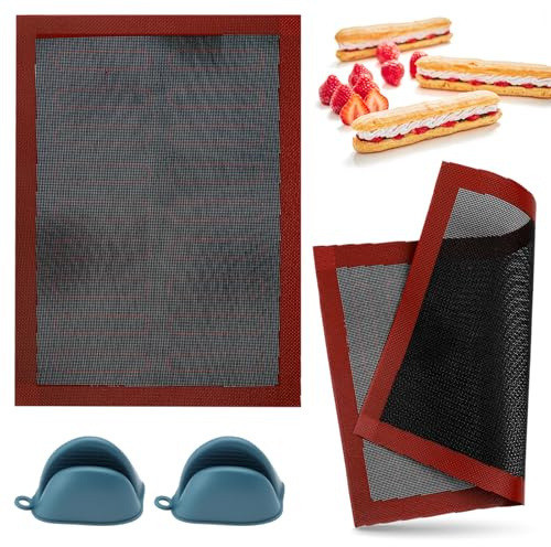 APOMOONS 2 Stück Silikon Backmatte Antihaft Dauerbackmatte Silikonmatte Backen Backofenmatte Wiederverwendbar mit 2 Pcs Anti-Verbrühungs-Handclip, Rutschfestes Backunterlage für Brot Gebäck 40x30cm