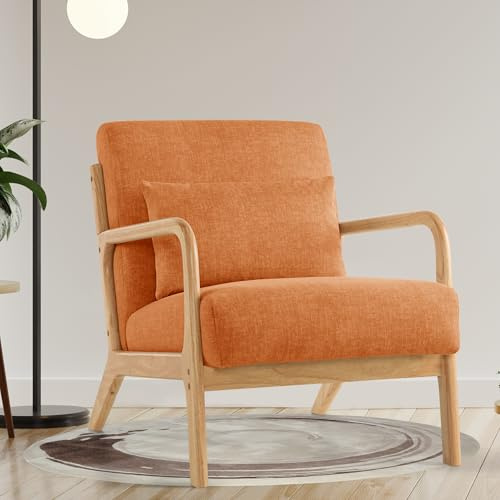 Aunekiv Lounge-Sessel, Akzentstuhl mit Kissen, Polstersessel mit Holzrahmen & Armlehnen, Moderner Lesesessel für Wohnzimmer, Schlafzimmer, Leseecke & Büro (81.5 x 63.5 x 74.5 cm, Orange)