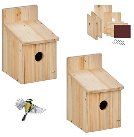 Relaxdays Nistkasten Bausatz für Vögel, 2er Set, 35 mm Einflugloch, HBT 23x14x18 cm, Vogelhaus selber Bauen, Holz, Natur
