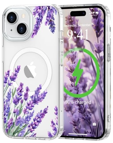 L-FADNUT für iPhone 15 Hülle Transparent Blumen Muster Violett | Magnetisch Handyhülle Kompatibel mit MagSafe, Durchsichtig Schutzhülle Hart PC Rückseite Dünne Stoßfest Kratzfestes Case