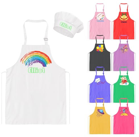 custyoulife Personalisierte Kinder Schürze und Chef Hut Set mit Name Benutzerdefinierte Kinder Schürze und Chef Hut Einstellbare Kochen Backen Küche Malerei Jungen Mädchen Geschenk