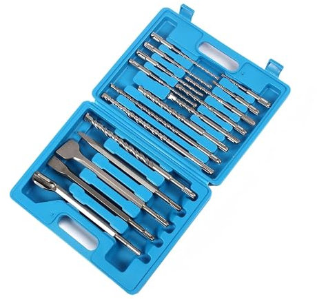 17Pcs Rotary Hammer Drill Bits and Chisel Set - SDS-Plus Carbide-Tipped Drill Bits and Chisels with Storage Case - Tools for Concrete Brick Stone and Other Masonry Construction Materials(Blue)