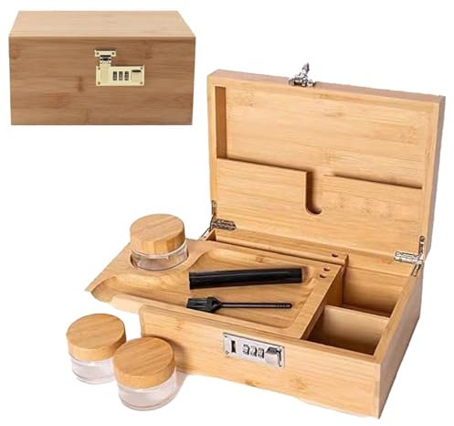 Mocoli Aufbewahrungsbox Bambus, AbschließBare Box 18L Storage Box mit Zahlenschloss Holzaufbewahrung mit Abnehmbarem Tablett und Glas Tasse für Schlafzimmer Büro Wohnzimmer 25x17x11cm