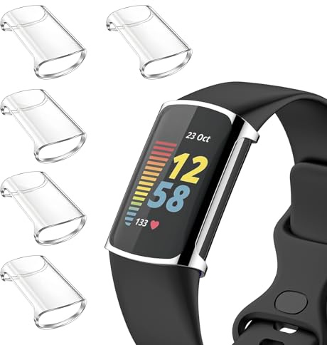 Vozehui 5er Pack Displayschutzfolie Kompatibel mit Fitbit Charge 6/5, TPU Full Coverage Plated Watch Schutzhülle Bumper Shell Cover, Transparent