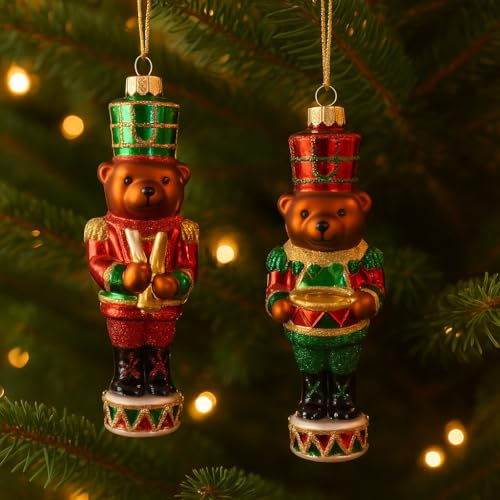 Addobbo Albero di Natale Orsetto Soldato Assortito, Uno con Tamburo e L'altro con Bicchieri, Decorazione Natalizia Vivace e Festiva 14cm - Varzi dal 1956