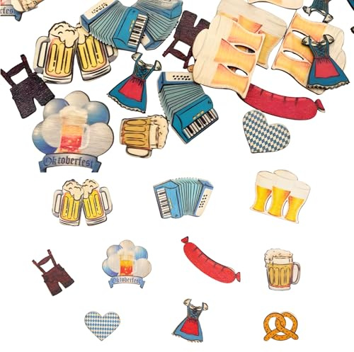 50 Stück Streudeko Oktoberfest Holz Konfetti, Bayern Streuteile Edelweiss Bier Dirndl Brezel Lederhose Tischdeko Confetti für Bier Oktoberfest Thema Party Dekoration