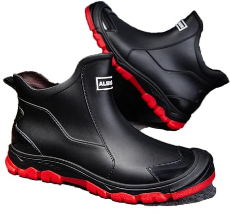 FREECOZYER Wellington - Stivali da pioggia da uomo, impermeabili, da giardino, corti, alla caviglia, stivaletti Chelsea per adulti, Nero e rosso, 43.5 EU