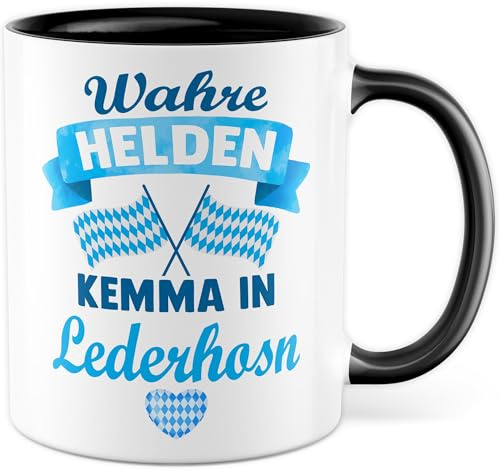 Tasse Bayern Geschenk Wahre Helden kemma in Lederhosn, Kaffeetasse Bayerisch Dialekt Tracht Oktoberfest Büro Team Arbeit, Geschenkidee Freund Kollege Lustiger Spruch Kaffee-Becher