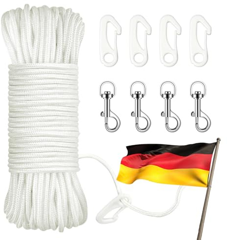 Vaskula 25 m Nylon Seil Weiß Durchmesser 6 mm Abspannseil mit 4 Pcs Metall Haken und 4 Pcs Nylon Haken Fahnenmast Seil Wetterfest für Segelboot Fahnenmast Zubehör Außenbereich
