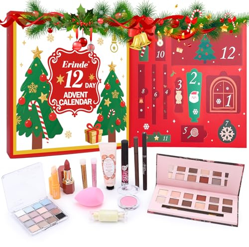 Erinde Calendrier de l’Avent Maquillage 2025 12 Jours, Coffret Beauté Femme avec Palettes, Rouges à Lèvres et Mascara, Set Cadeau de Noël Idéal, Coffret Maquillage Complet et Festif