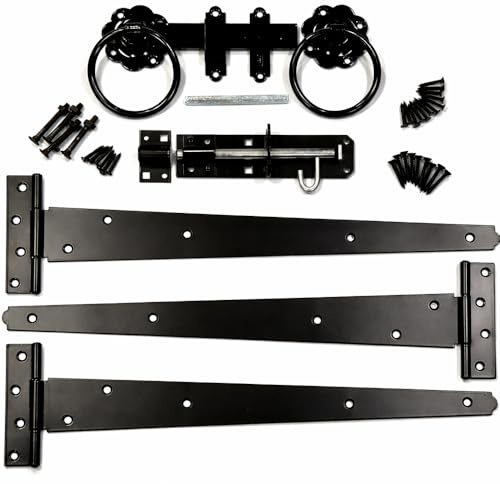 SCORPIO HARDWARE Ring Gate Latch Heavy Duty Black 10 Tee Hinges, 6 Ring Gate Latch, 6 Brenton Padbolt Complete with Fixings for Hanging Wooden Garden Gate