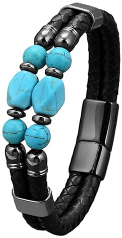 HUIANGLIYG Bracelet En Cuir Multicouche Pour Homme, Pierre Naturelle Géométrique, Turquoise/Œil De Tigre/Noir, Bracelet Manchette En Cuir, Protection, Pierre De Guérison, Bijoux, Cadeaux