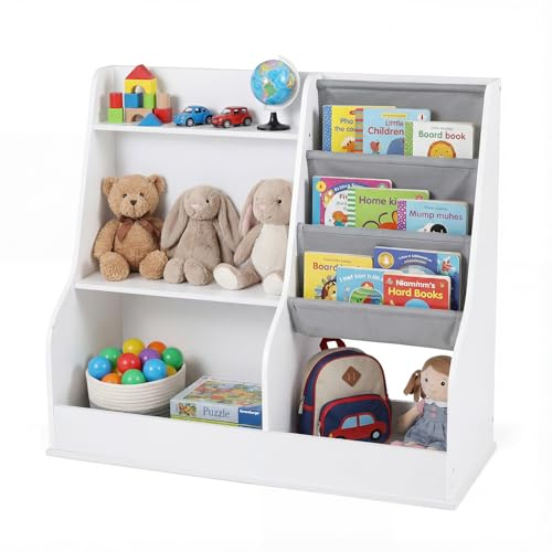 COSTWAY Bücherregal Kinder, Kinderregal mit 2 Fächern, 2 Ablagen & 3 Stofffächern, Spielzeugregal, Spielzeug-Organizer für Kinderzimmer, Spielzimmer, 89 x 35,5 x 80 cm