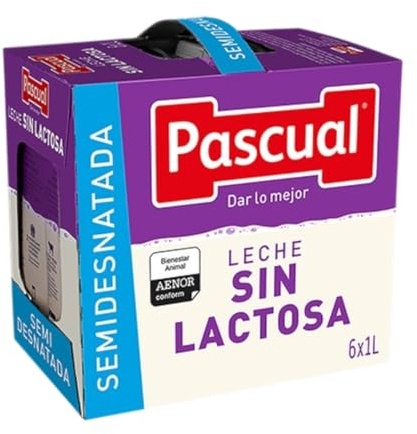 Pascual Leche Semidesnatada Sin Lactosa 6 x 1 L – Fácil Digestión – Menor Contenido Graso – UHT - Producto de Consumo Habitual