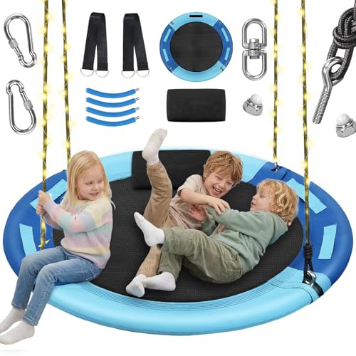 IEEILULU Balançoire Nid d'Oiseau 100 cm, Balançoire Enfant et Adulte, Balançoire Jardin Extérieur Filet, Charge 300 kg, Corde Réglable, Rotation 360°, avec Guirlande LED et 4 Poignées (Bleu, 100 cm)