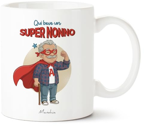 Manahia - Tazza Nonno - Qui beve un super nonno | Regalo Originale e Divertente Festa dei Nonni, Compleanno, Natale | Scatola Regalo Kraft