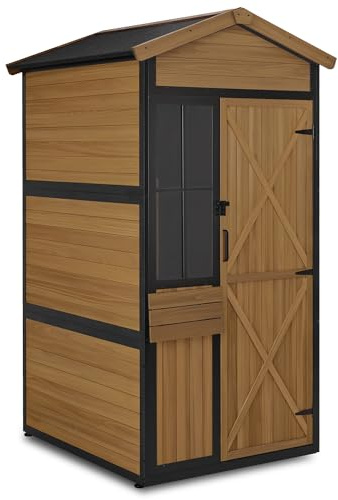 M MCombo Armadietto da giardino in legno con struttura in metallo, 3 ripiani, ripostiglio per attrezzi resistente alle intemperie, casetta da giardino impermeabile per esterni, 2750 (naturale)