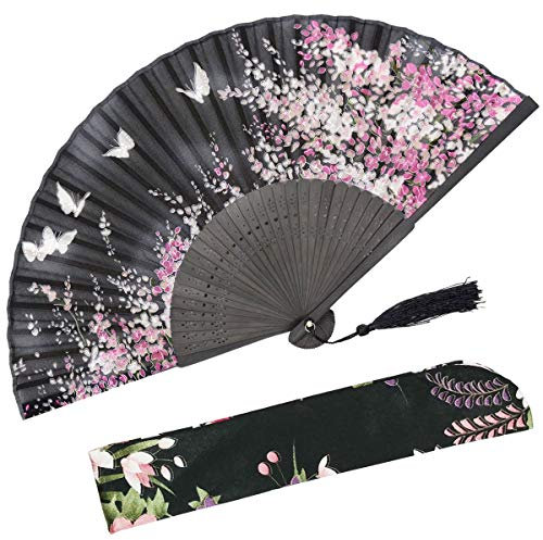 OMyTea Folding Hand Held Fan for Women by Chinese/Japanese Vintage Retro Style - With a Fabric Sleeve for Protection (WZS-Black)