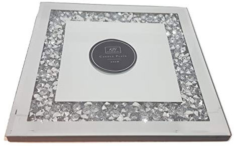home stuff 25CM JEWELED DIAMANTE MIRRORED CANDLE PLATE BLING WEDDING TABLE MIRROR SQUARE