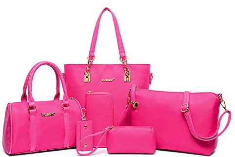 AlwaySky Nylon Damen Schultertasche Henkeltaschen Handtasche Tote Geldbörse Brieftasche Schlüsselfall Sechsteiliges Set Rosa