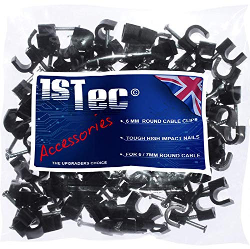 1STec 500 x 6mm Round Black Coax Clips Suitable for Indoor or Outdoor use on Plaster, Wood or Masonry with Hardened Nails to Pin or Tack RG6 RG7 CT100 or Webro WF100 Digital TV Cable Freesat Leads