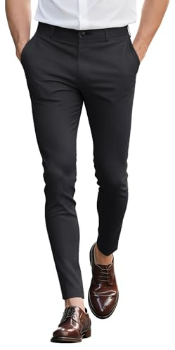 GINGTTO Mens Chinos Slim Fit Stretch Flat-Front Skinny Dress Pants Grey Plaid, Black 3, 36