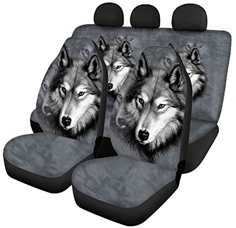 Woisttop Autositzbezüge mit grauem Wolf-Druck, Rücklehnenbezug + Rücksitzbankbezug, Autositzbezüge, komplettes Set mit 4 Stück, Autozubehör, universelle Passform