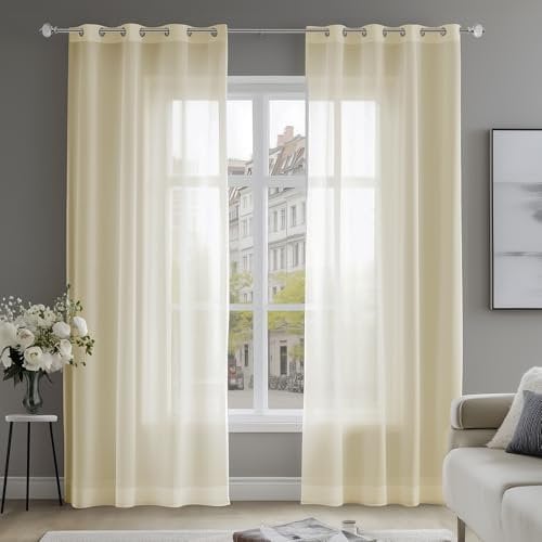 Deconovo Soild Eyelet Semi Transparent Net Curtains, Super Soft Voile Curtains, Decorative Sheer Curtans, 55 x 48 Inch(Width x Length), Beige, 2 Panels