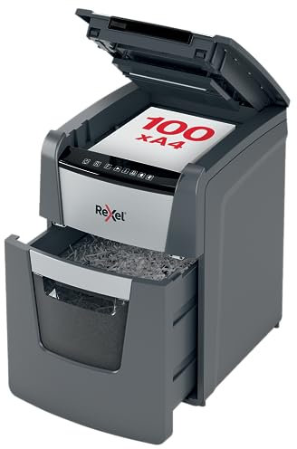 Rexel Optimum Auto Feed+ 100 Sheet Automatic Micro Cut Paper Shredder, P-5 Security, Home/Home Office, 34 Litre Removable Bin, 2020100M,Black