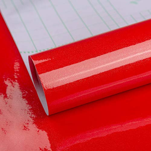 TOTIO Glossy Red Self Adhesive Wallpaper Thicken 16x118inch Vinyl Wrap Red Sticky Back Plastic Waterproof Furniture Sticker PVC Wall Stickers Contact Paper for Kitchen Bathroom Cabinet Removable