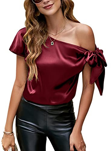 VIDUSSA Satin Chemisiers Blouses Femme Épaule décolletée Chemise Chic Élégante Casual Soie Shirts Tops Hauts Rouge vin M