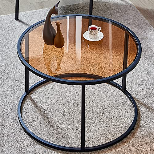 SAYGOER Couchtisch aus Glas, rund, modern, klein, Mitte des Jahrhunderts, Couchtisch für Wohnzimmer, Zuhause, Büro, einfache Retro-Tischplatte mit Metallrahmen, einfache Montage, Braun Schwarz