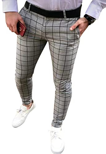 Onsoyours Hommes Chino Pantalon avec Carreaux Slim Fit Rayé Mode Casual Élastique Pantalon Vintage Business Pantalon de Sport Décontracté Coupe Ajustée Pantalon d'affaires Chic A GrisClair L