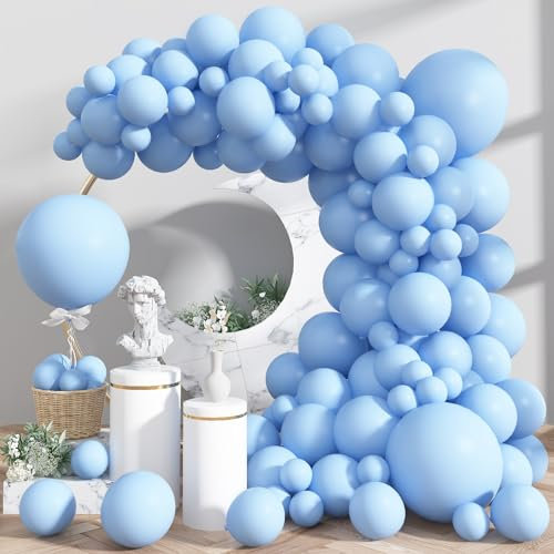 Pastel Blue Balloons 113 Pcs, Light Baby Blue Latex Balloon Arch Garland Kit 18 12 10 5 Inch, Different Sizes Macaron Pale Blue Helium Party Balloons for Birthday Baby Shower Wedding Party Decorations