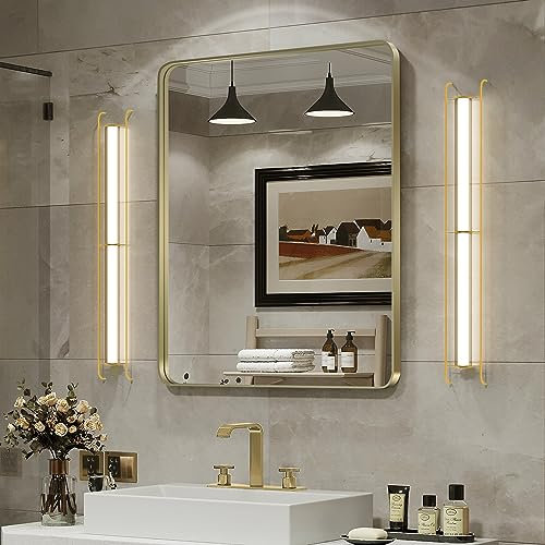 Wanzvisk 30x36 Gold Badezimmer Spiegel, Wandmontierter Badezimmer-Schminkspiegel, rechteckiger Metallrahmen Spiegel (horizontal/vertikal)