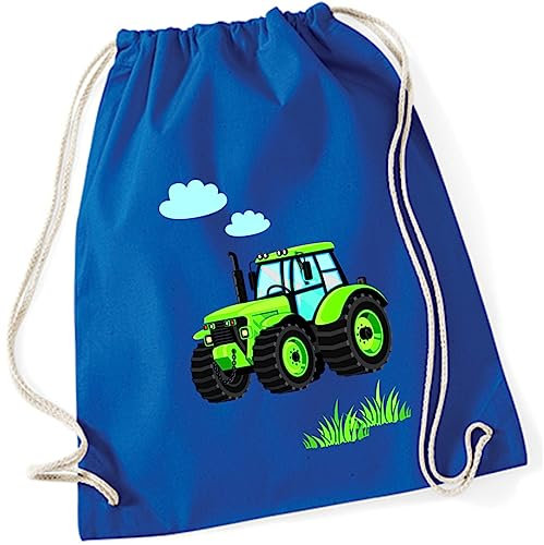 minimutz Turnbeutel Kinder Jungen aus Baumwolle | Motiv Traktor Bulldog mit Wolken & Gras | Schuhbeutel Sportbeutel zum Zuziehen mit Kordel 37cm x 46cm in Royalblau Blau