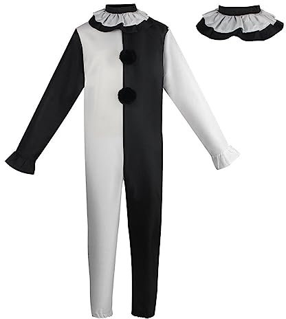 Duohropke Movie Killer Terrifier Clown Schwarz Weiß Jumpsuit Cosplay Kostüm Karneval Party Outfit für Herren Damen