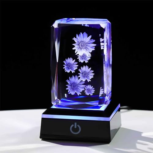 Crystal Engraved 3D Sunflowers Bouquet Figurine Ornament with LED Light Base, Sunflower Birthday Gifts for Sisters Friends Women