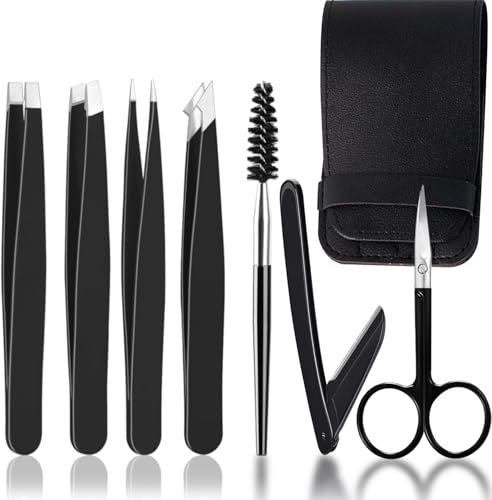 WUBAYI Pinzas profesionales para vello facial para mujeres y hombres, kit de pinzas de acero inoxidable para vellos encarnados, juego de pinzas para depilación de cejas, astillas, vello facial (negro)