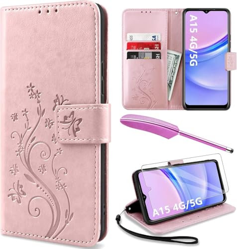 YIRSUR for Samsung Galaxy A15 Case with Screen Protector and Touch pen, Leather Flip Wallet Women Girls Case Magnetic Closure Cover with Card Slots and Kickstand for Galaxy A15 5G/4G Phone Cover Pink