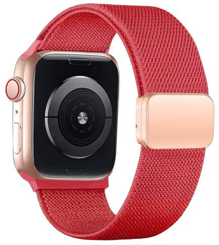 SOLOLUP Magnétique Bracelet élastique pour Apple Watch 44mm 42mm 45mm 49mm Femmes Hommes,Bracelets en Nylon tressé Sport Bande de Remplacement pour iWatch Ultra 2 Series 9/8/7/6/5/4/3/2/SE,Rouge