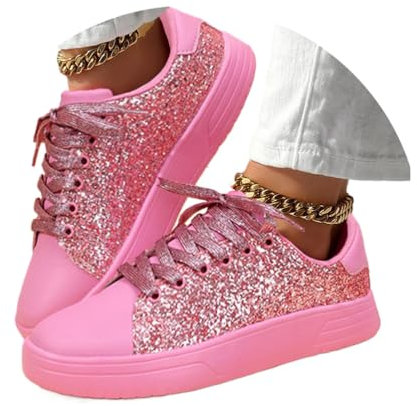 Minetom Damen Pailletten Sneaker Glitzer Schuhe Flache Low Outdoor Laufschuhe Schnürsenkel Walkingschuhe Sportschuhe A Rosa 37 EU