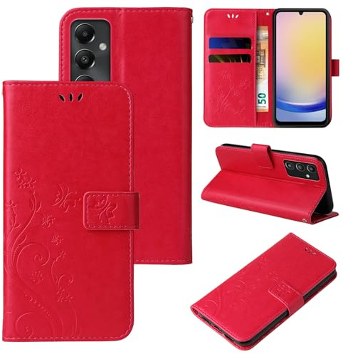 LBH Handy Hülle für Samsung Galaxy A25 5G Case Handytasche Schmetterling Blumen Flower Standfunktion Schutzhülle Magnet Rundum Schutz 360 Grad Flipcase Cover Rot