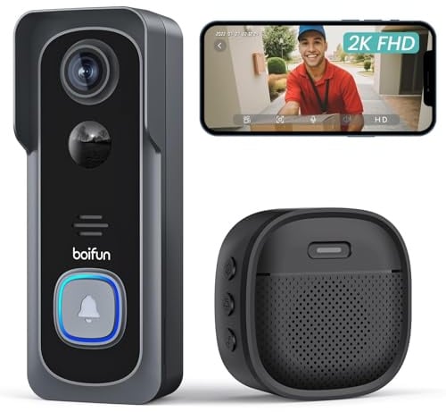 BOIFUN Video Doorbell Camera Wireless – No Subscription Required, 2K HD, 166° Wide View, HDR Night Vision, Motion Alerts, Two‑Way Audio & Battery Video Doorbell with Chime, 2.4 GHz Wi‑Fi Only